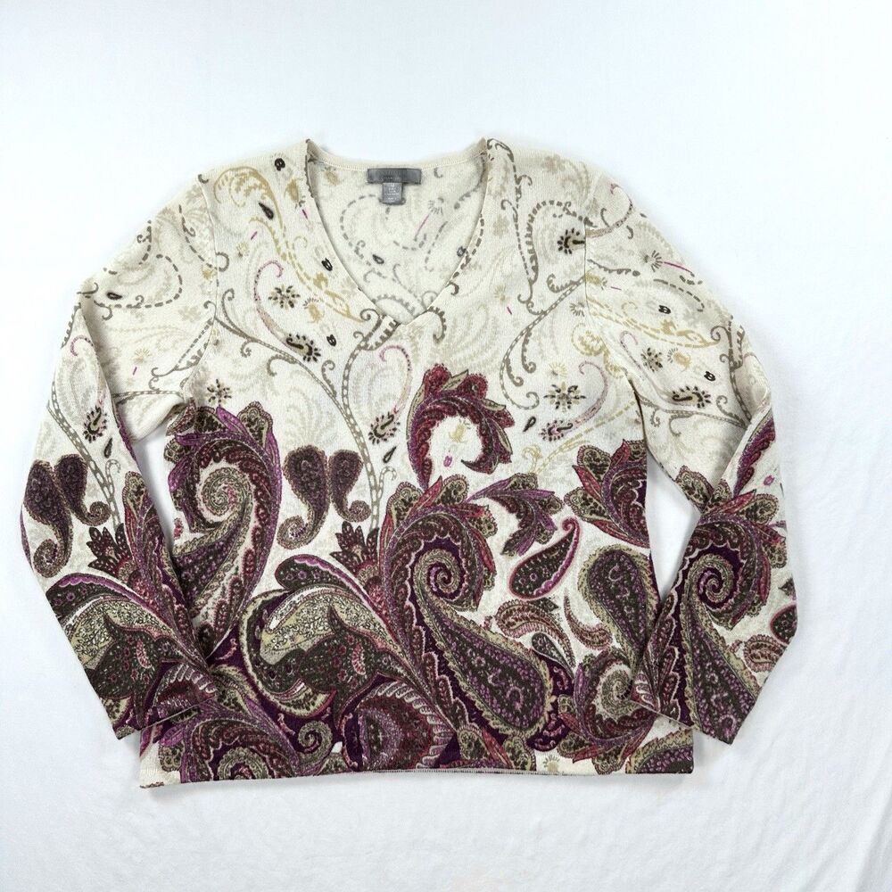 Charter Club Cashmere Sweater Medium Paisley V-Neck 2 Ply Whimisgoth Soft Luxe